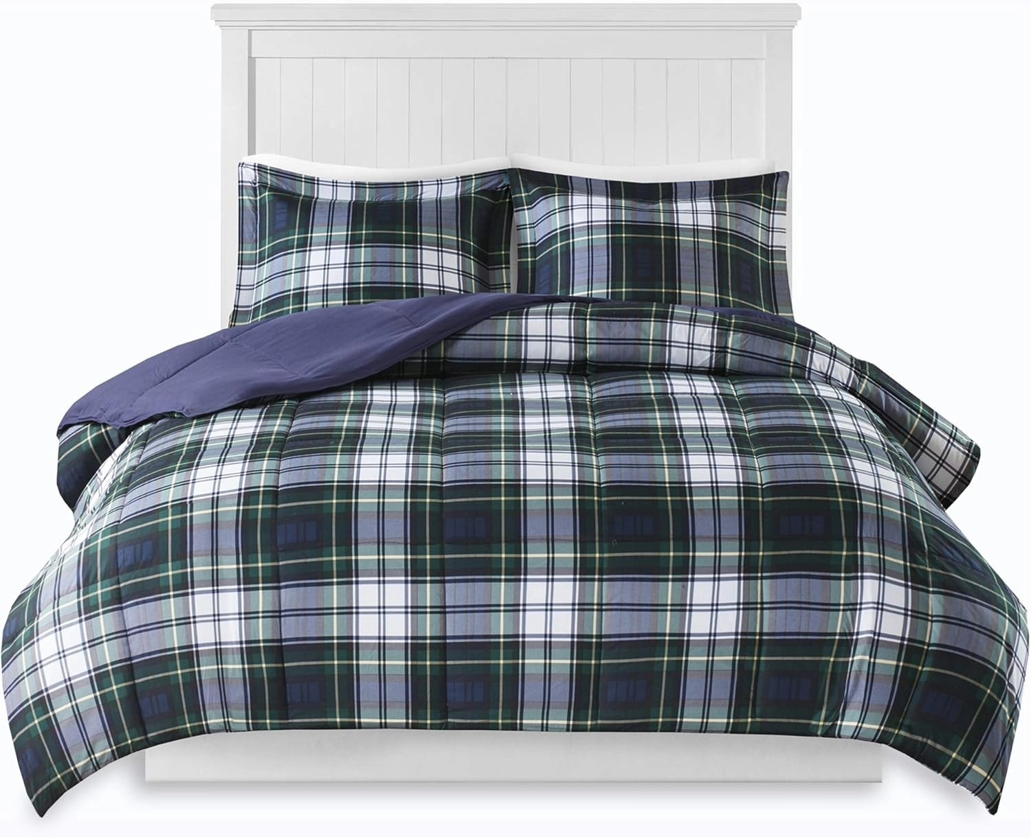 Madison Park Essentials Parkston Plaid Comforter, Matching Sham, 3M Scotchguard Stain Release Cover, Hypoallergenic All Season Bedding-Set, Full/Queen, Navy, 3 Piece