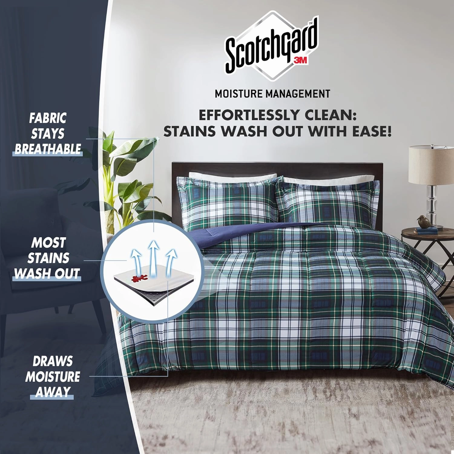 Madison Park Essentials Parkston Plaid Comforter, Matching Sham, 3M Scotchguard Stain Release Cover, Hypoallergenic All Season Bedding-Set, Full/Queen, Navy, 3 Piece