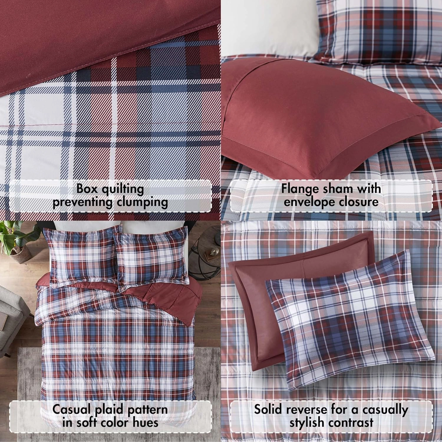 Madison Park Essentials Parkston Plaid Comforter, Matching Sham, 3M Scotchguard Stain Release Cover, Hypoallergenic All Season Bedding-Set, Full/Queen, Red, 3 Piece