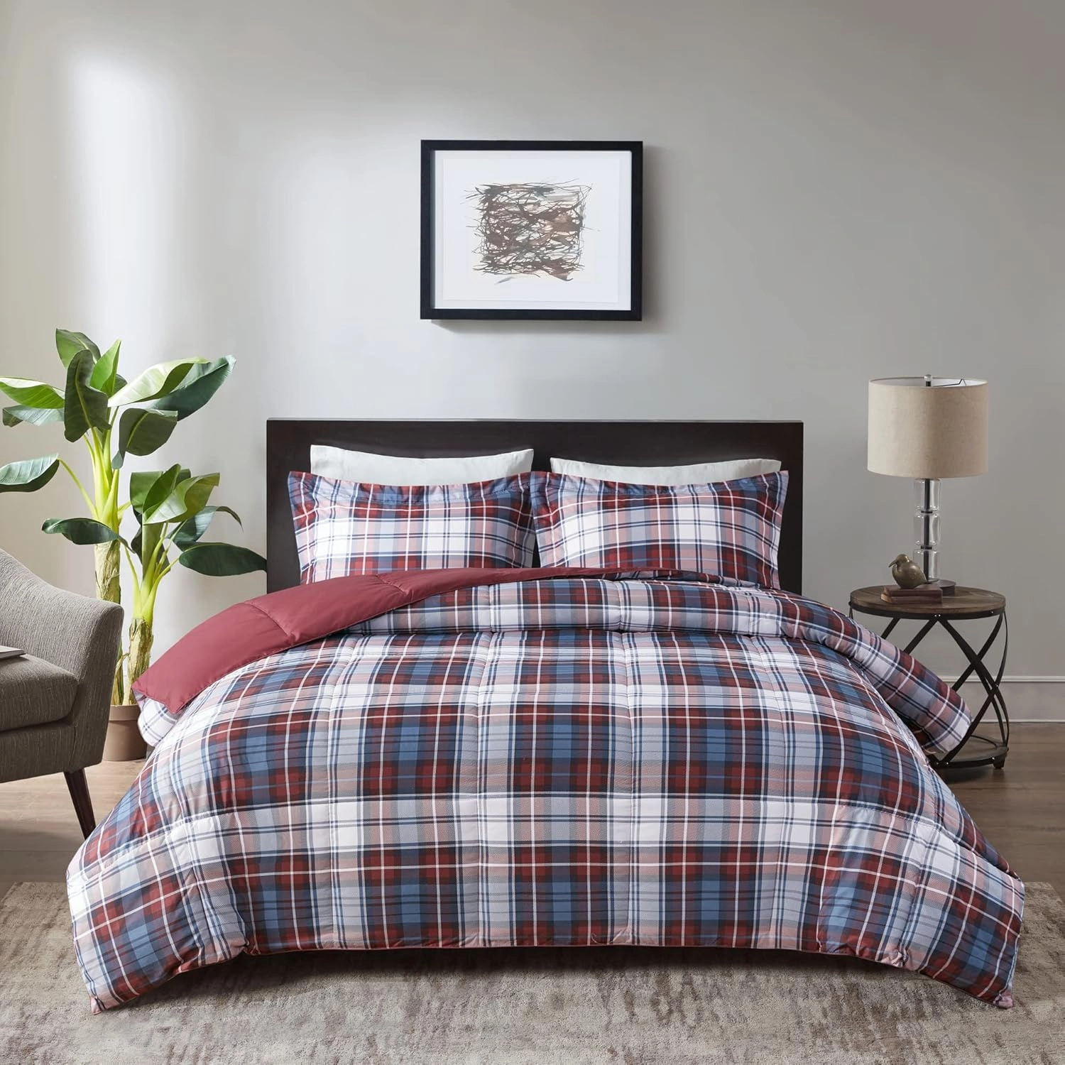 Madison Park Essentials Parkston Plaid Comforter, Matching Sham, 3M Scotchguard Stain Release Cover, Hypoallergenic All Season Bedding-Set, Full/Queen, Red, 3 Piece