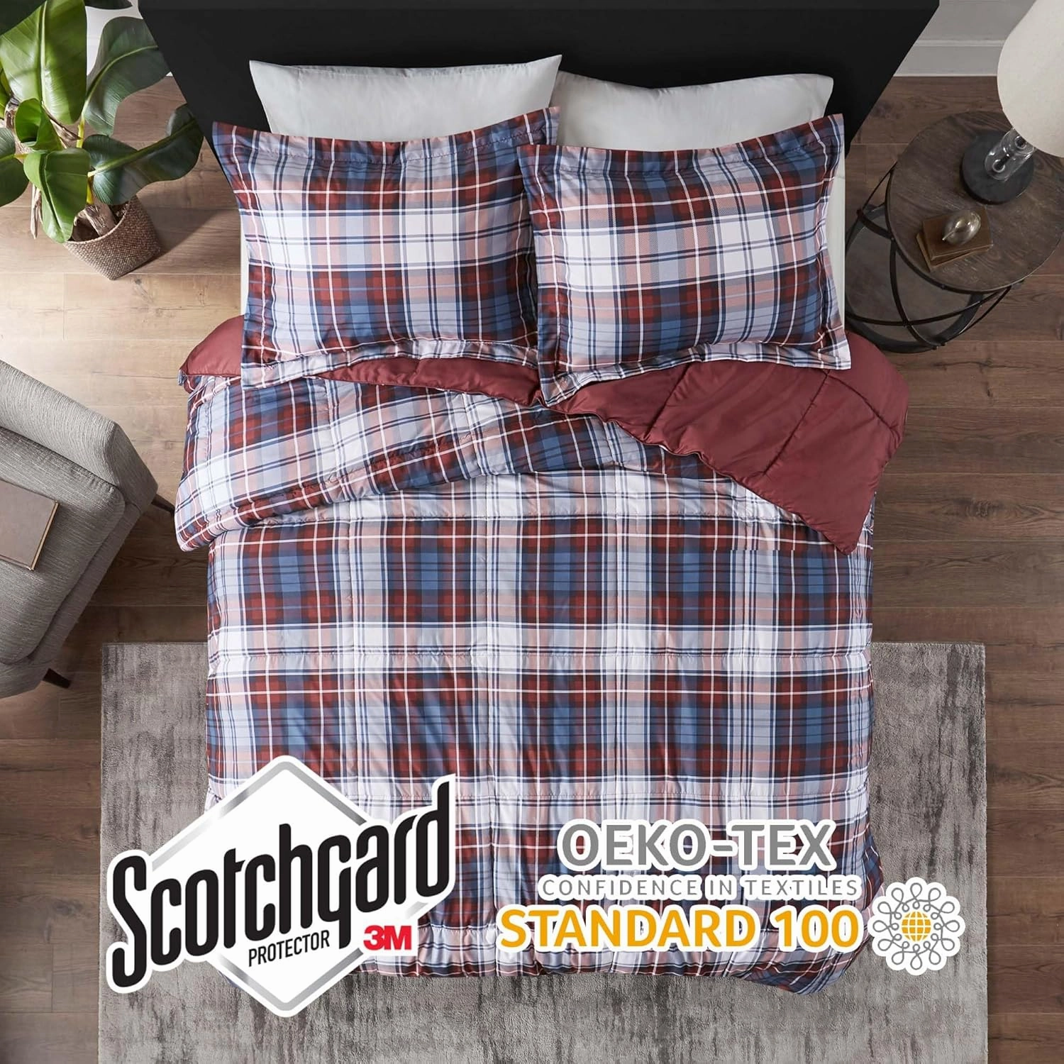 Madison Park Essentials Parkston Plaid Comforter, Matching Sham, 3M Scotchguard Stain Release Cover, Hypoallergenic All Season Bedding-Set, Full/Queen, Red, 3 Piece