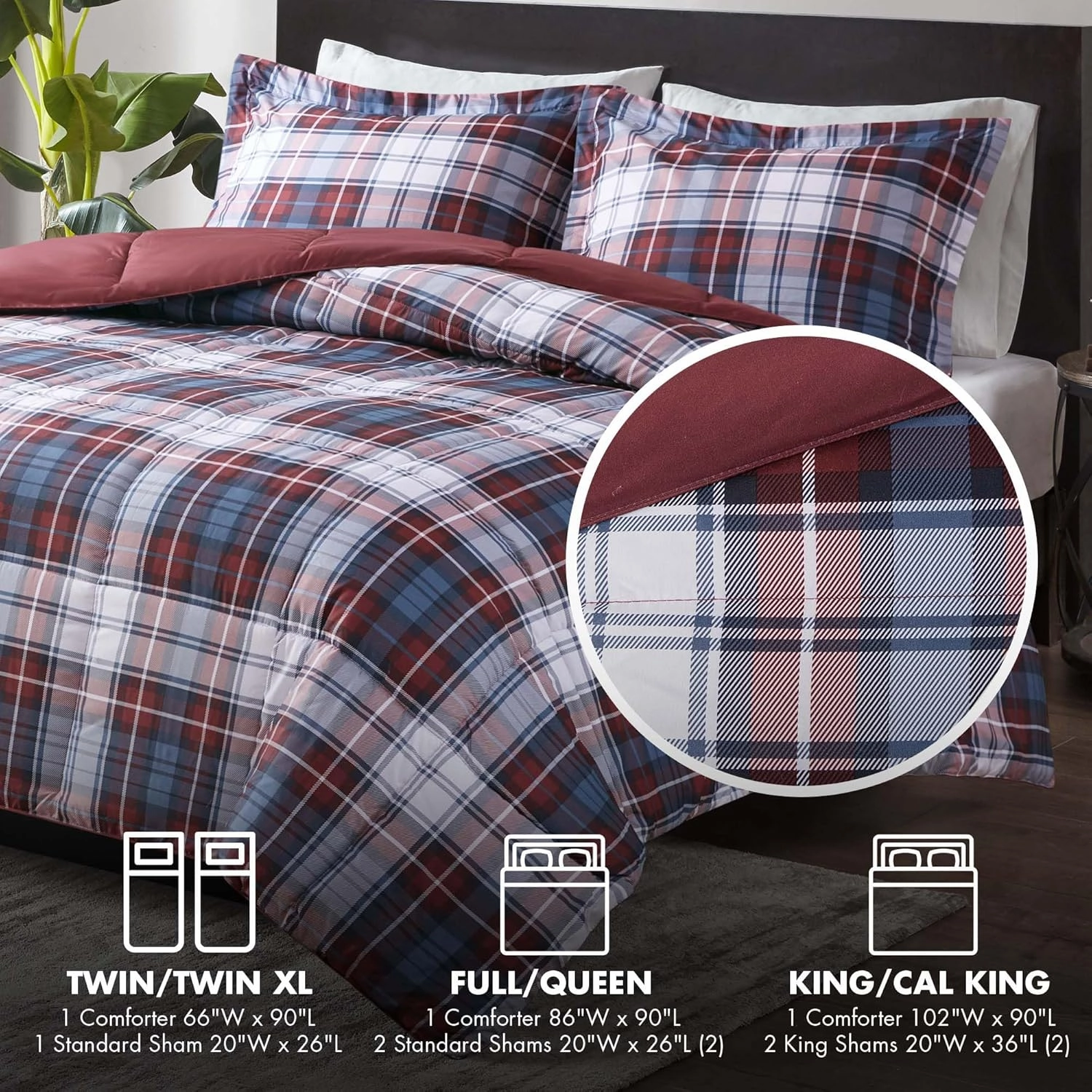 Madison Park Essentials Parkston Plaid Comforter, Matching Sham, 3M Scotchguard Stain Release Cover, Hypoallergenic All Season Bedding-Set, Full/Queen, Red, 3 Piece