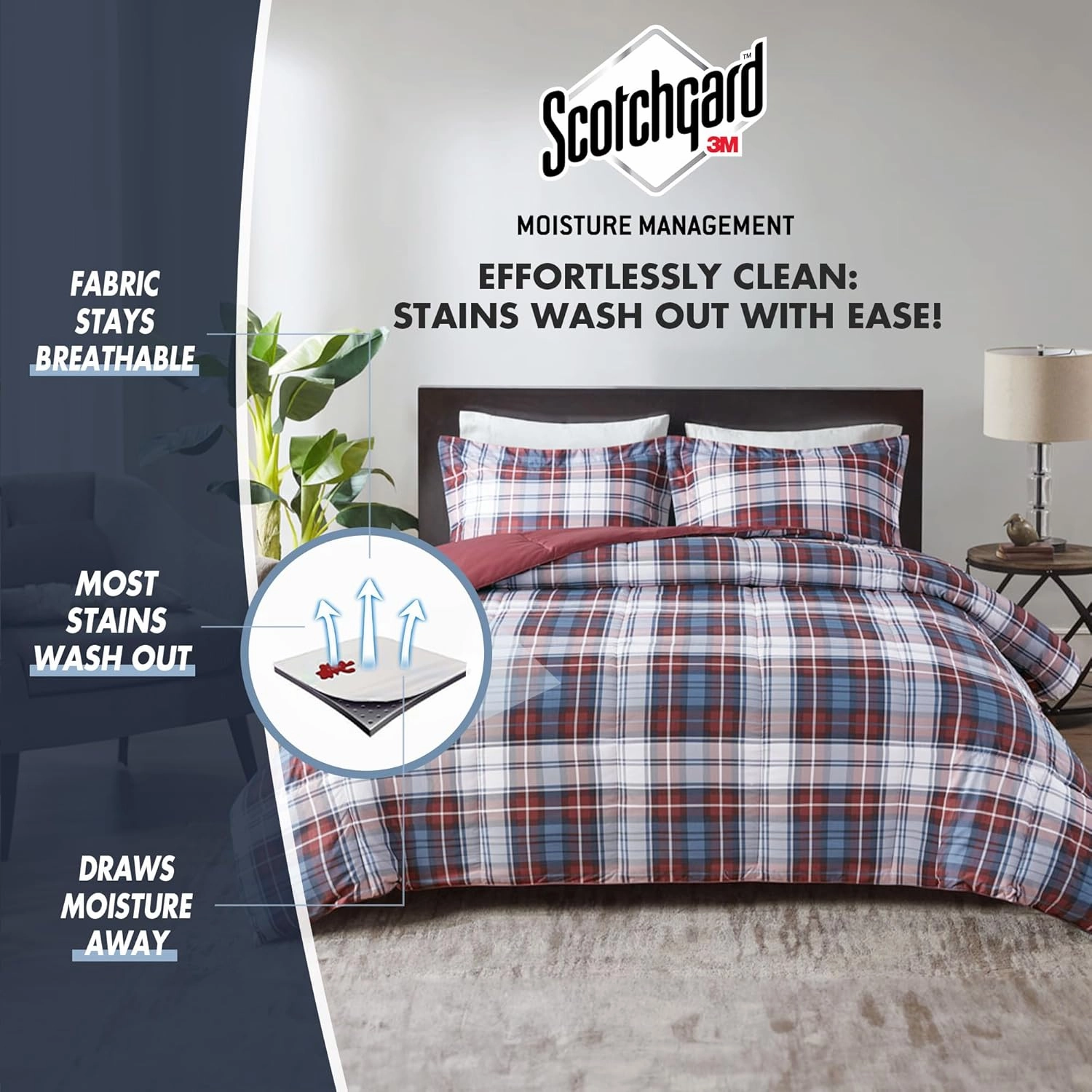 Madison Park Essentials Parkston Plaid Comforter, Matching Sham, 3M Scotchguard Stain Release Cover, Hypoallergenic All Season Bedding-Set, Full/Queen, Red, 3 Piece