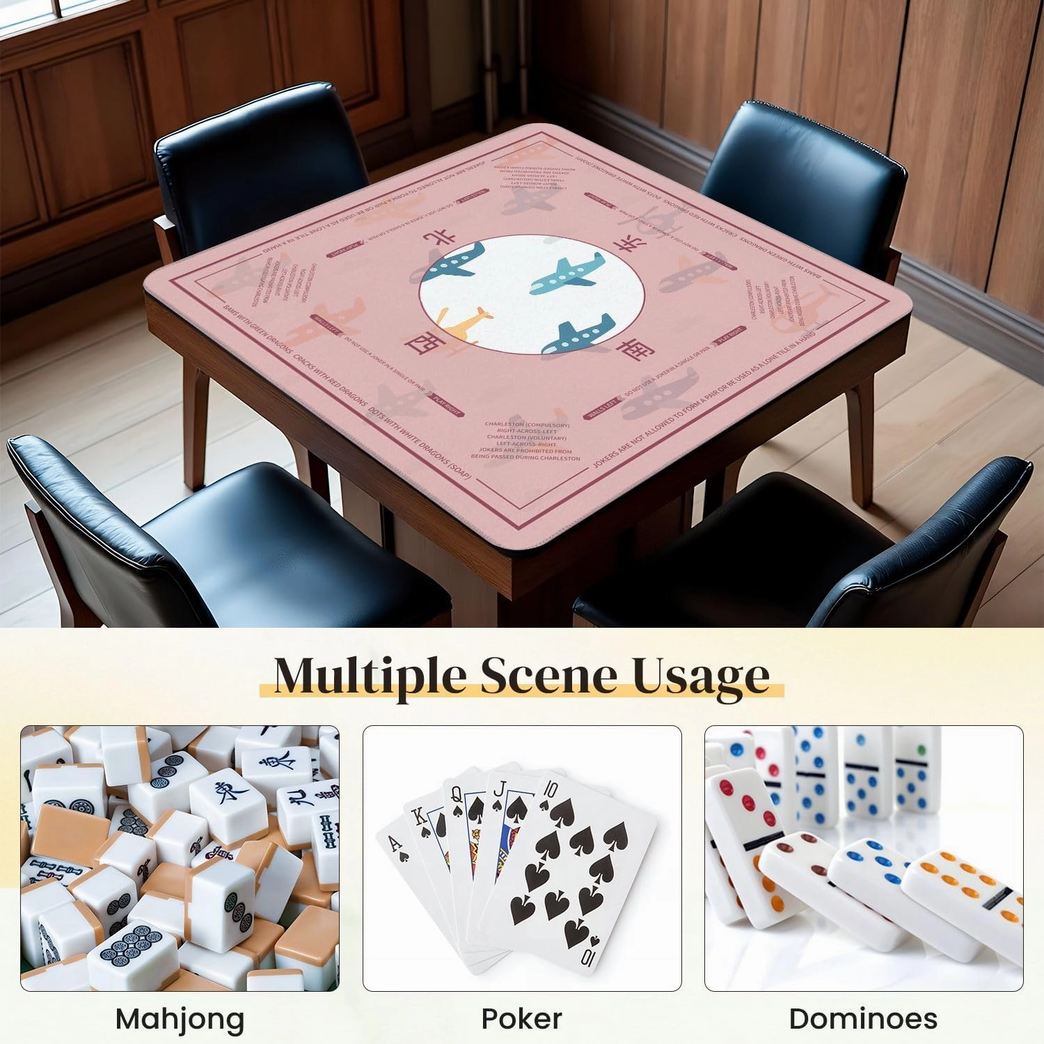 Mahjong Mat for Table Cute Seamless Color Planes Helicopters 31.5" x 31.5" Non-Slip Noise-Reducing Game Mat Premium Mahjong Accessories for Poker Dominoes Board Games