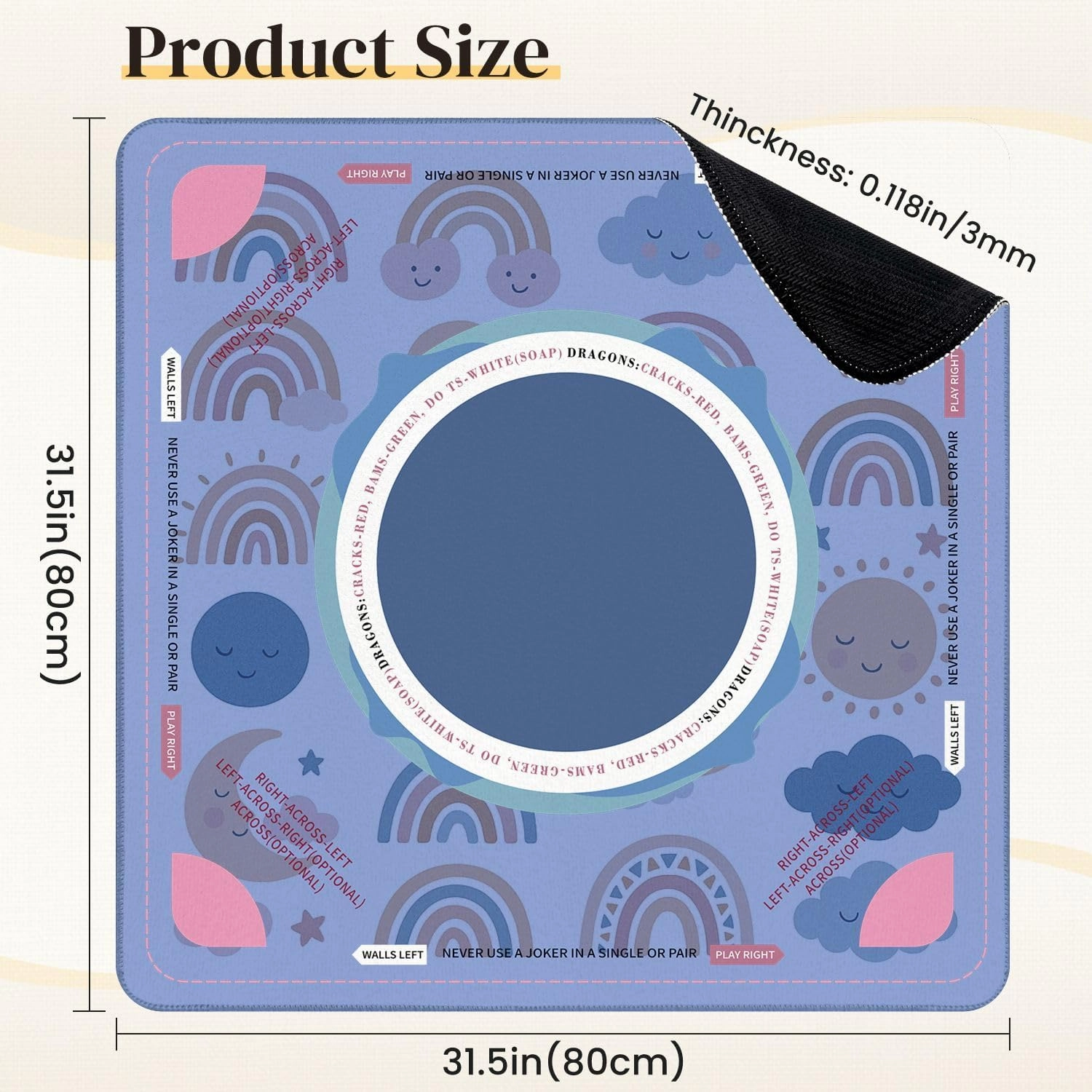 Mahjong Mat for Table drawn boho clipart for nursery decoration cute rainbows sun cloud 31.5" x 31.5" Non-Slip Noise-Reducing Game Mat Premium Mahjong Accessories for Poker Dominoes Board Games