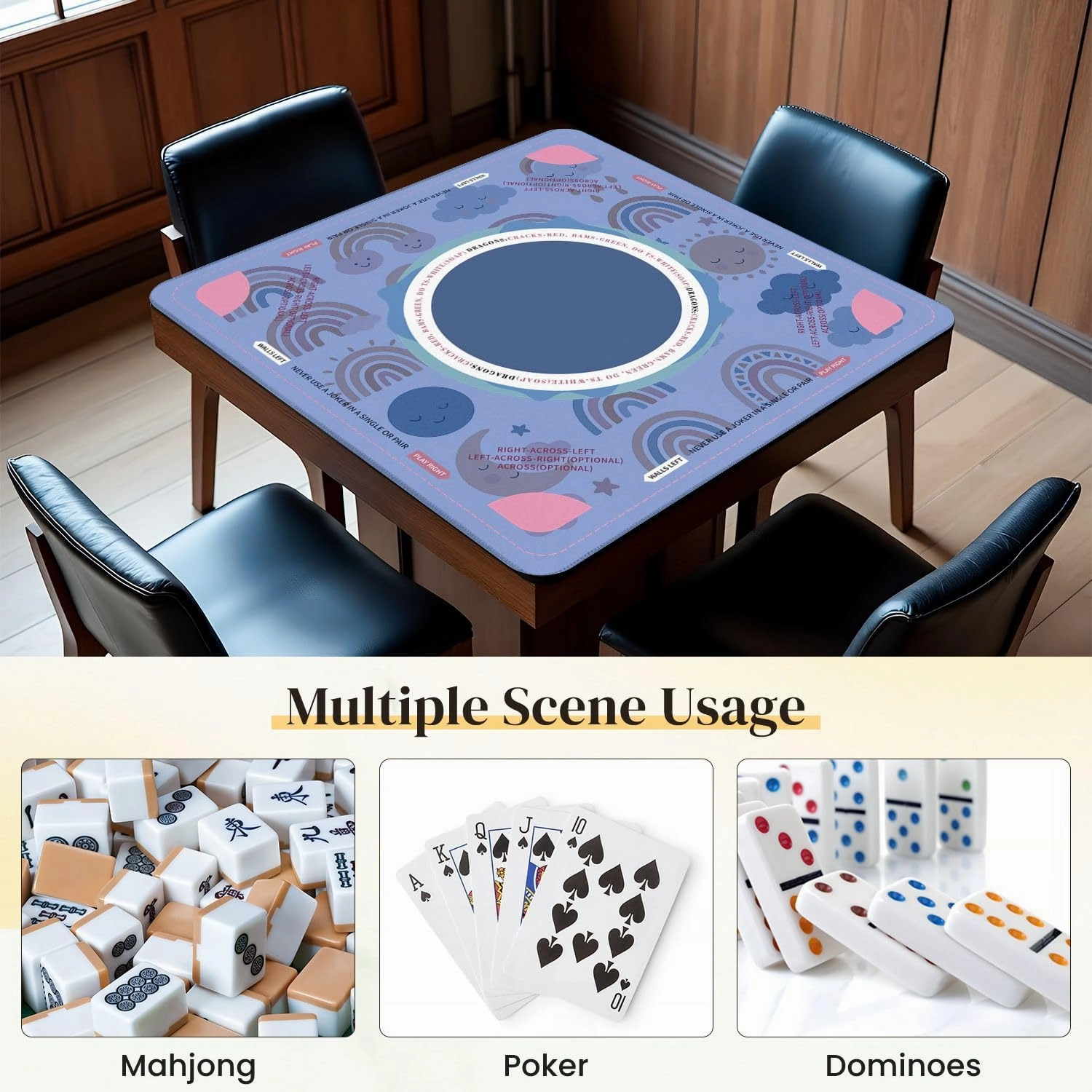 Mahjong Mat for Table drawn boho clipart for nursery decoration cute rainbows sun cloud 31.5" x 31.5" Non-Slip Noise-Reducing Game Mat Premium Mahjong Accessories for Poker Dominoes Board Games
