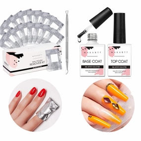 Makartt Gel Top Coat and Base Coat Set and Nail Poliah Gel Remover Foil Wraps Bundle, No Wipe Top Coat Shine Finish Soak Off Gel, 200pcs Foil Wraps with Larger Cotton Pad 1 pcs Cuticle Pusher