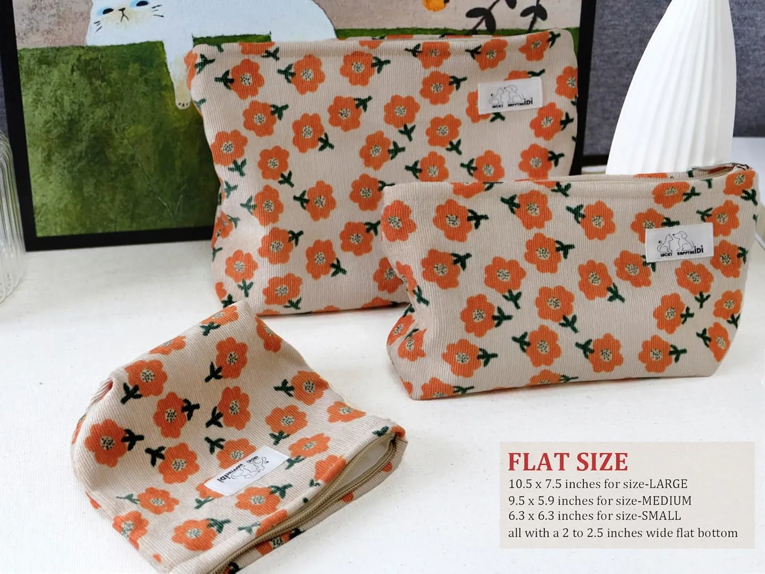 Makeup Bag Set 3 Cosmetic Toiletry Organizer Zipper Pouch for Purse Tote, Women Girls Gift, Large Medium Small, Beige Orange Floral Corduroy