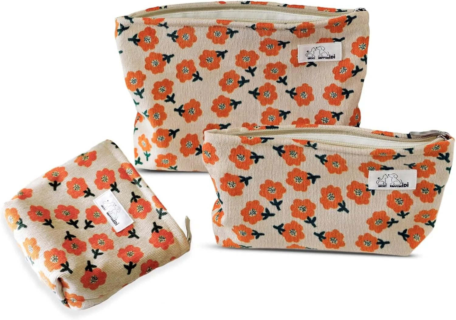 Makeup Bag Set 3 Cosmetic Toiletry Organizer Zipper Pouch for Purse Tote, Women Girls Gift, Large Medium Small, Beige Orange Floral Corduroy