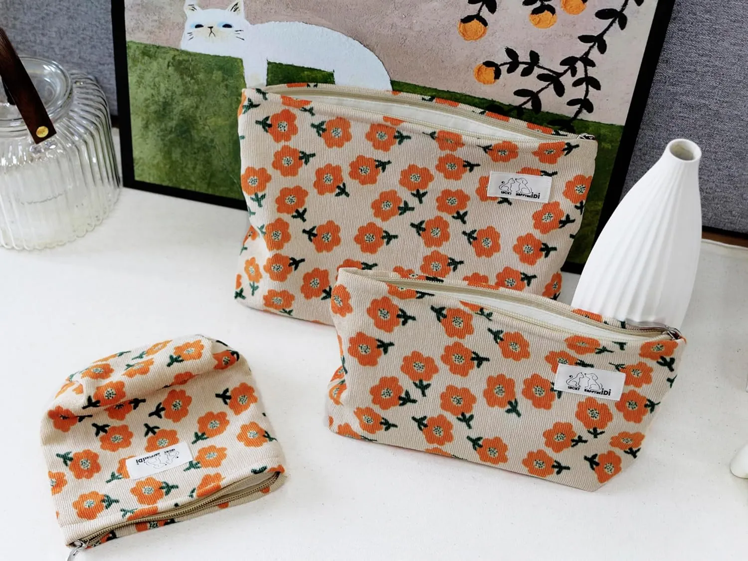 Makeup Bag Set 3 Cosmetic Toiletry Organizer Zipper Pouch for Purse Tote, Women Girls Gift, Large Medium Small, Beige Orange Floral Corduroy