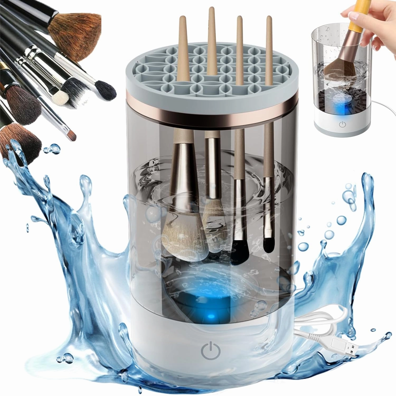 Makeup Brush Cleaner Machine: Upgraded Electric Automatic Brush Washer with Silicone Mat, Portable Travel-Friendly Design for All Brush Sizes