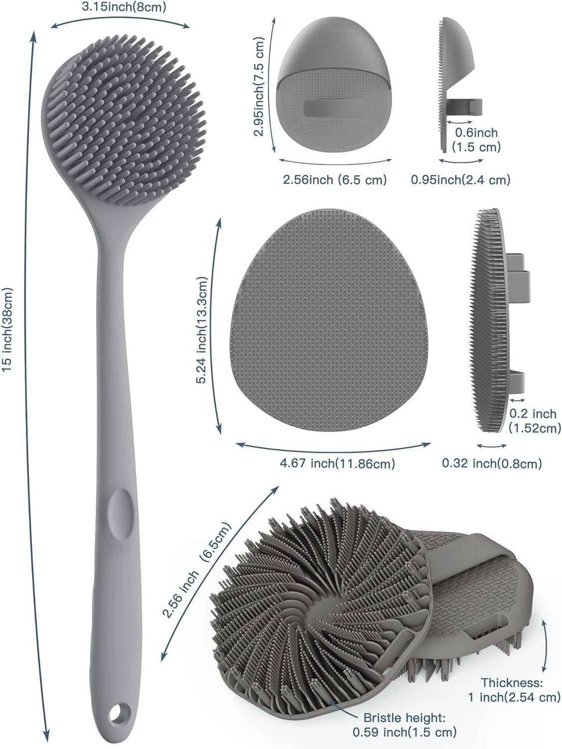 Manmihealth Silicone Back Scrubber & Soft Bath Glove, Silicone Scalp Massager Set 5 PCS, Super-Exfoliating Body Scrubber Shower Brush & Shampoo Brush Combination, with 2 Free Hooks (Style 1 Gray)