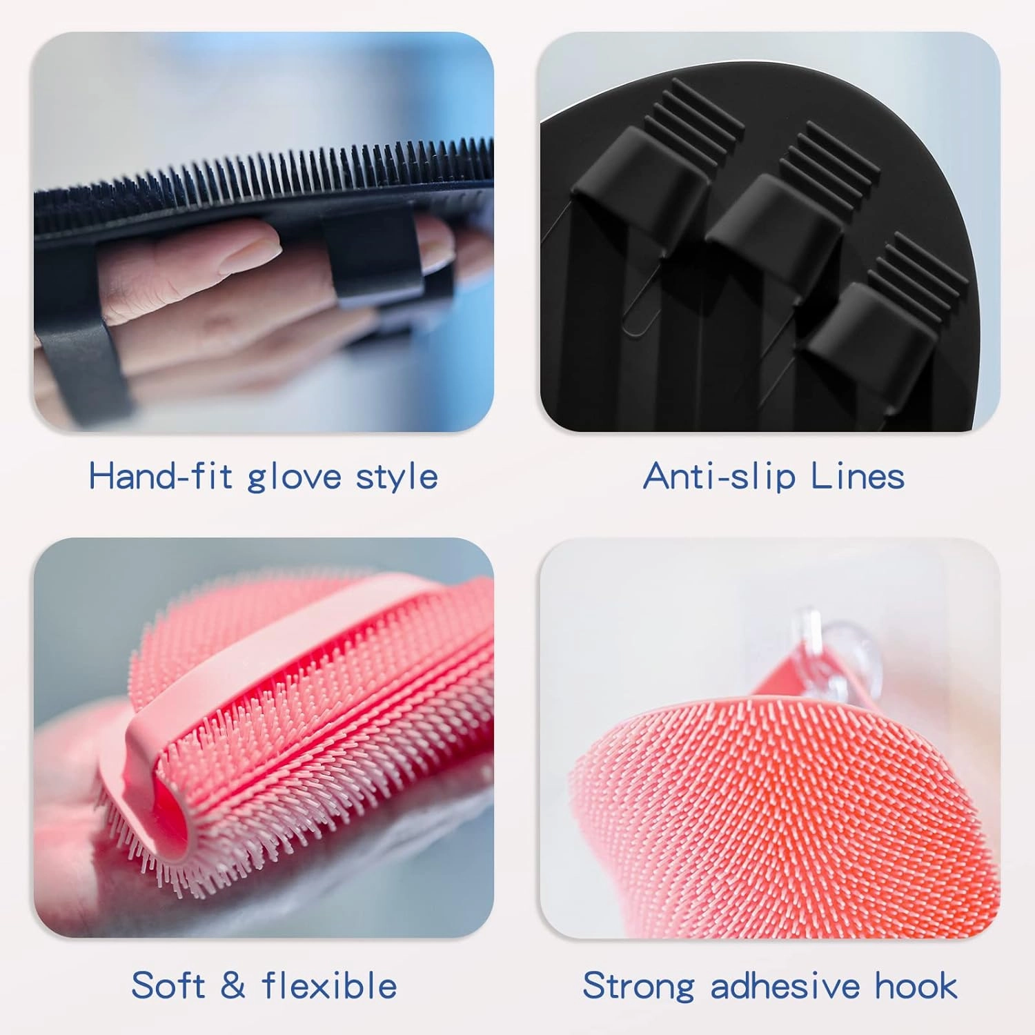 Manmihealth Silicone Back Scrubber & Soft Bath Glove, Silicone Scalp Massager Set 5 PCS, Super-Exfoliating Body Scrubber Shower Brush & Shampoo Brush Combination, with 2 Free Hooks (Style 1 Gray)