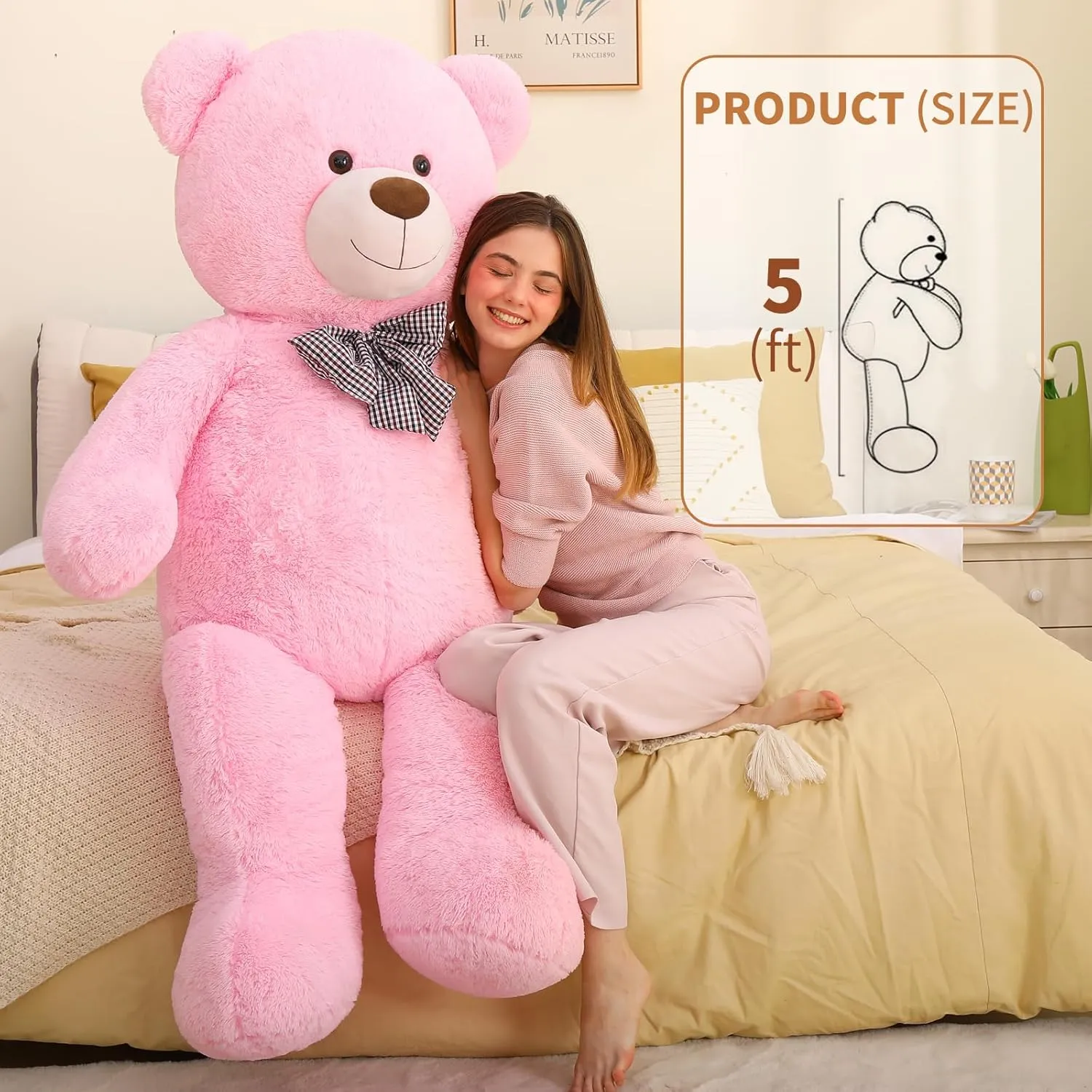 MaoGoLan Giant Pink Teddy Bear Stuffed Animal 5 Feet,Soft Cuddly Smiling Face Big Teddy Bear Plush Gift for Boyfriend Girlfriend