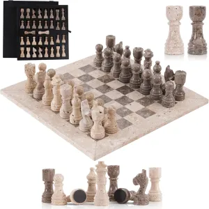 Marble Chess Set 12 Inch Handmade Travertine & Oceanic Classic Checkers Board Game with Pieces, 2 Extra Queens and Storage Box, Strategy Sets for Adults & Family, Travel and Tabletop Play