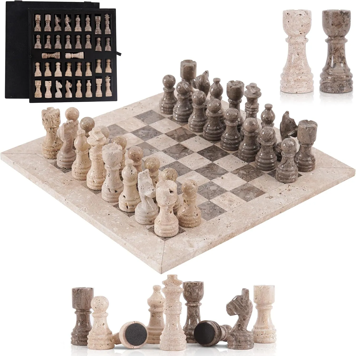 Marble Chess Set 12 Inch Handmade Travertine & Oceanic Classic Checkers Board Game with Pieces, 2 Extra Queens and Storage Box, Strategy Sets for Adults & Family, Travel and Tabletop Play