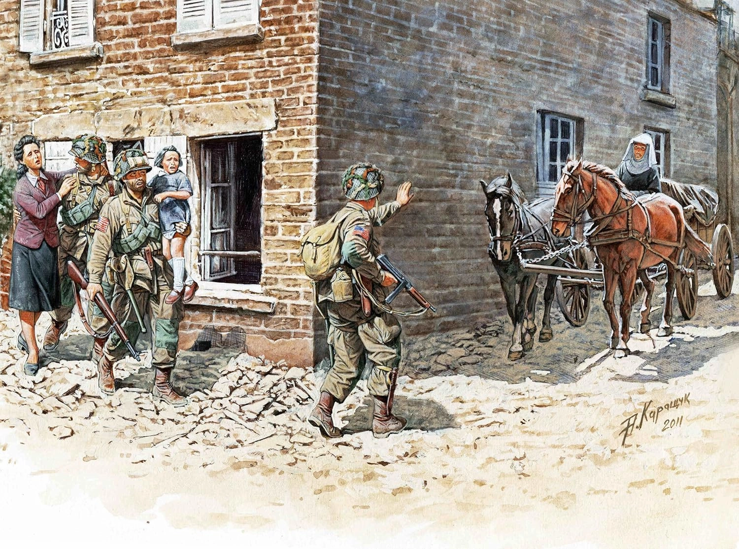 Master Box Models 1/35 "France 1944" - 5 Figures Set (3 U.S. Paratroopers, A Girl, Mother And Nun) With 2 Horses And French Telega