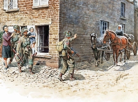 Master Box Models 1/35 "France 1944" - 5 Figures Set (3 U.S. Paratroopers, A Girl, Mother And Nun) With 2 Horses And French Telega