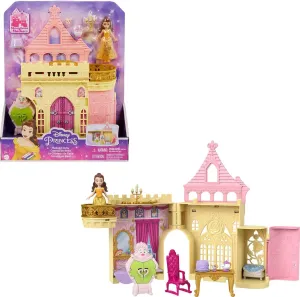 Mattel Disney Princess Toys, Belle Stackable Castle Doll House with Small Belle Doll, 4 Character Friends & 3 Accessories, Portable with Handle
