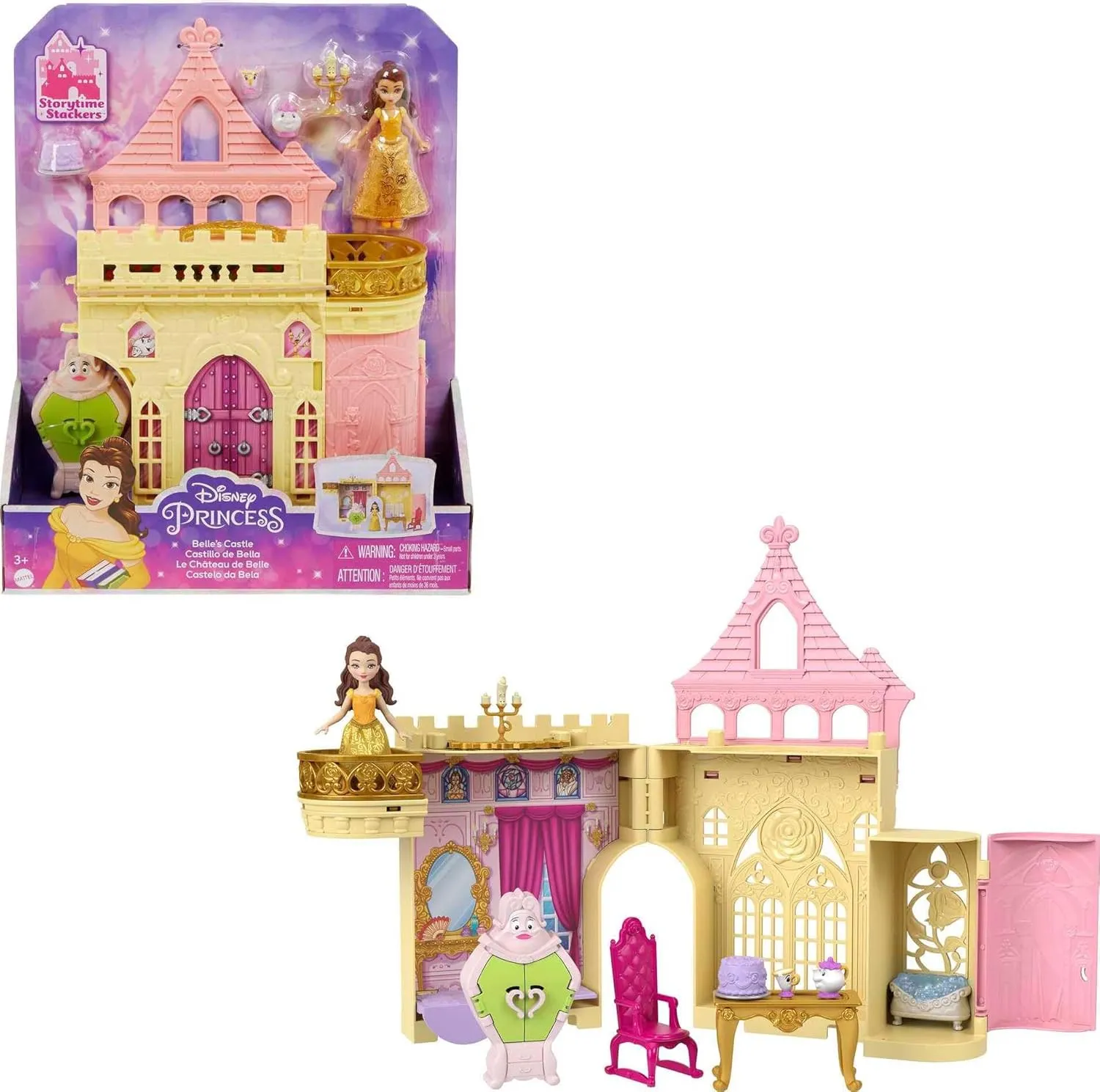 Mattel Disney Princess Toys, Belle Stackable Castle Doll House with Small Belle Doll, 4 Character Friends & 3 Accessories, Portable with Handle