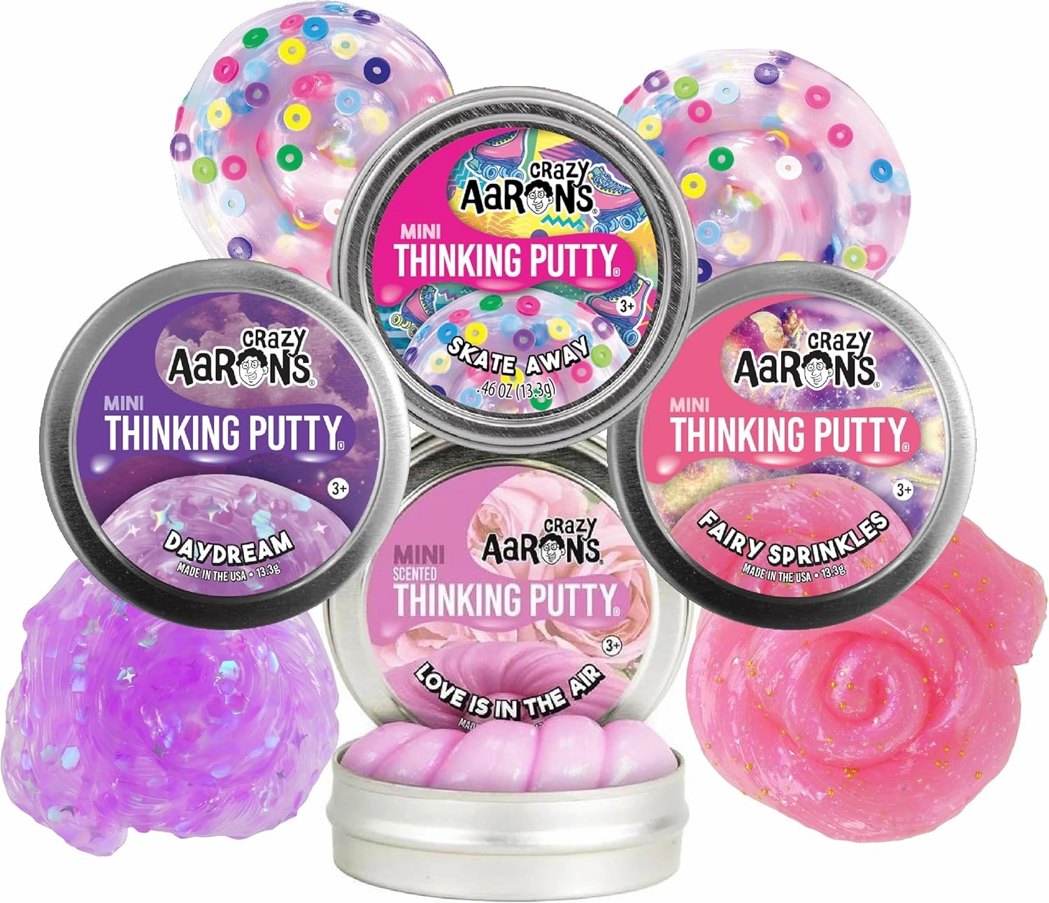 Matty's Toy Stop Crazy Aaron's Putty Mini Tins Daydream, Skate Away, Fairy Sprinkles & Love is in The Air Gift Set Bundle - 4 Pack (13.3g Each)