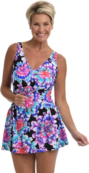 Maxine Of Hollywood Women's V-Neck Swim Dress One Piece Swimsuit