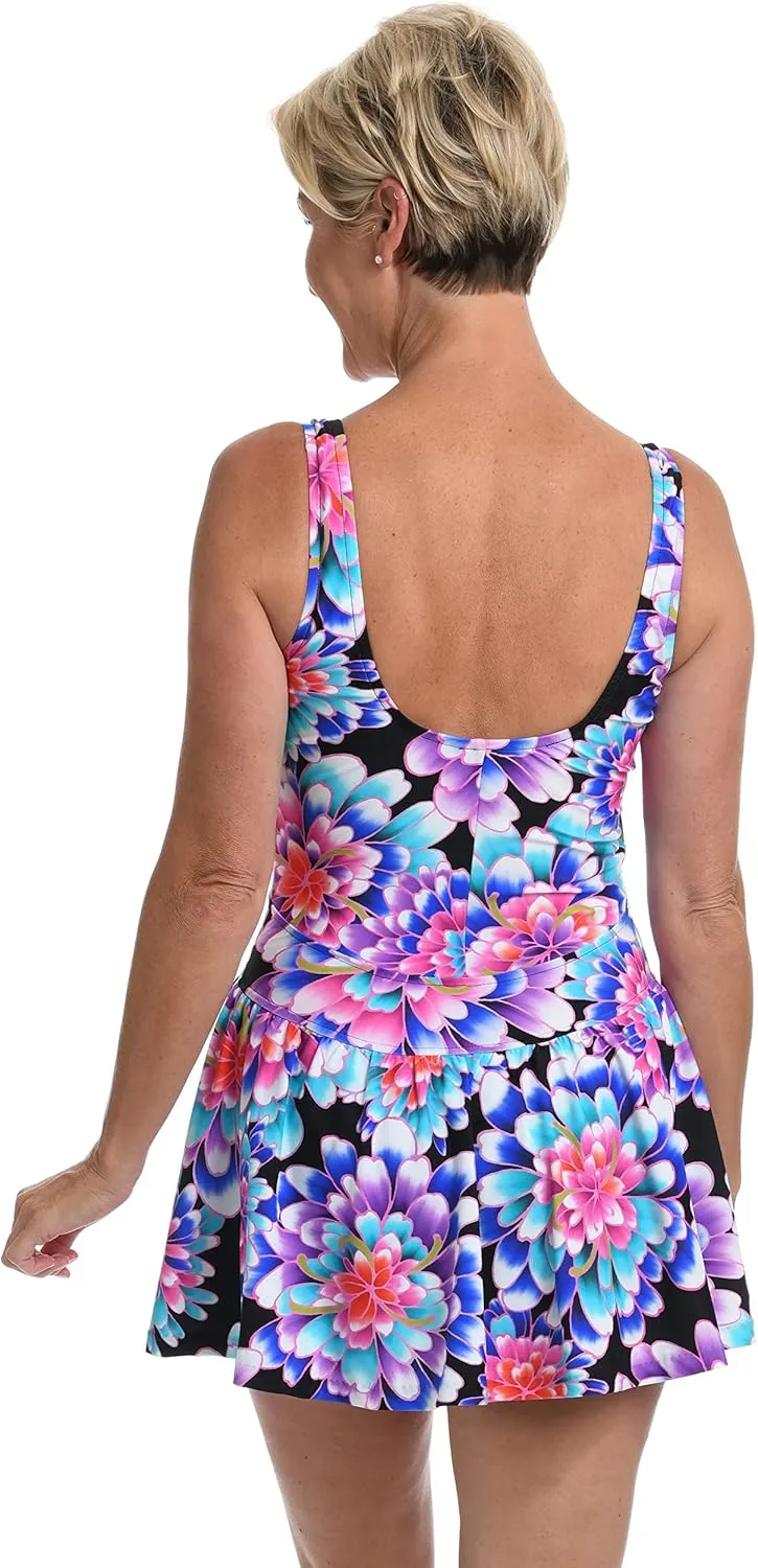 Maxine Of Hollywood Women's V-Neck Swim Dress One Piece Swimsuit