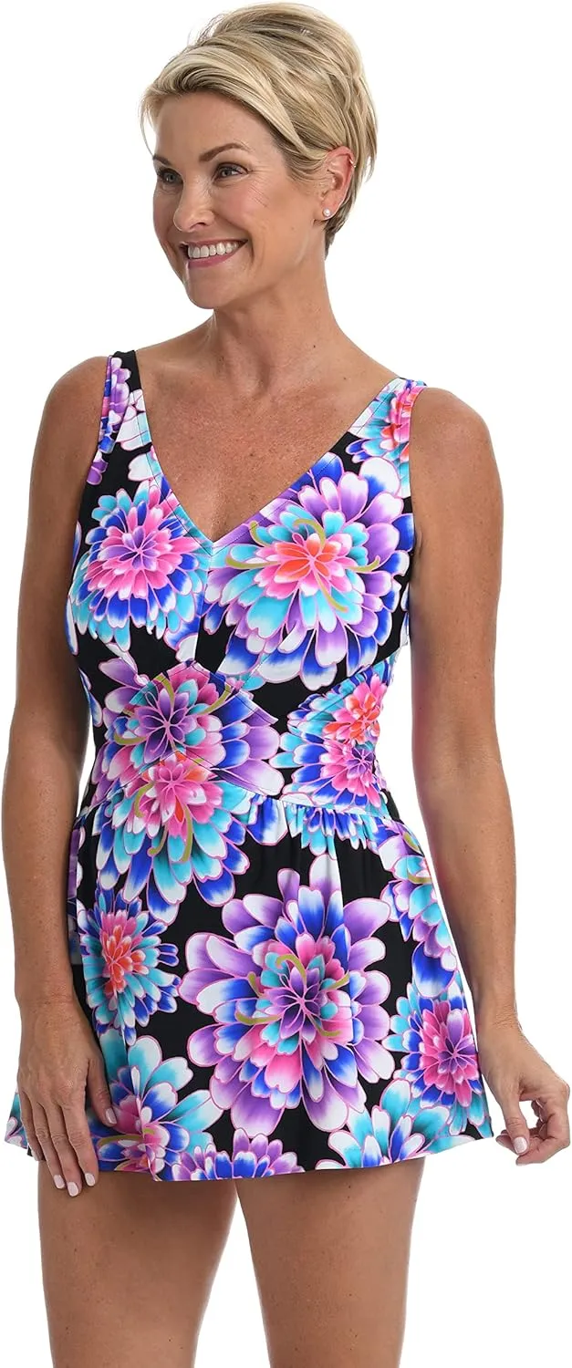 Maxine Of Hollywood Women's V-Neck Swim Dress One Piece Swimsuit