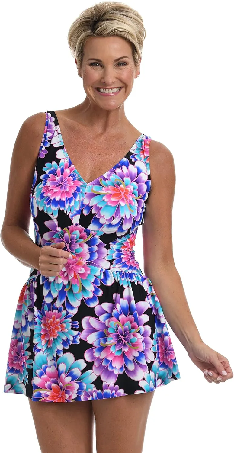 Maxine Of Hollywood Women's V-Neck Swim Dress One Piece Swimsuit