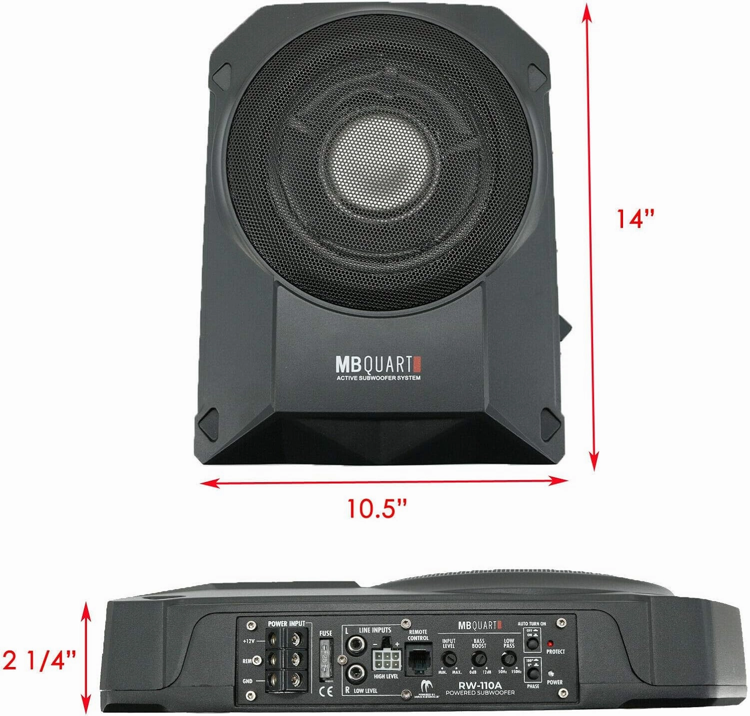 MB Quart RW-110A 800W Reference Series 10'' Slim Low Profile Compact Under-Seat 4-Ohm Active Powered Subwoofer Enclosure with Built in Amplifier for Car RV ATV - 3rd Gen, Black