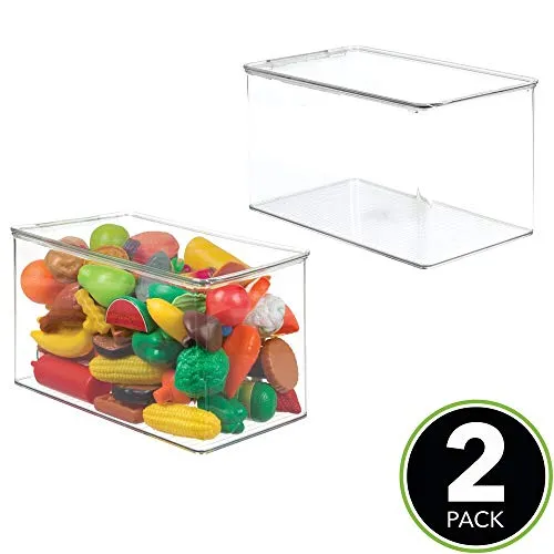 mDesign Stackable Closet Plastic Storage Box with Lid - Container for Organizing Child's/Kids Toys, Action Figures, Crayons, Markers, Building Blocks, Puzzles, Crafts - 7" High, 2 Pack - Clear