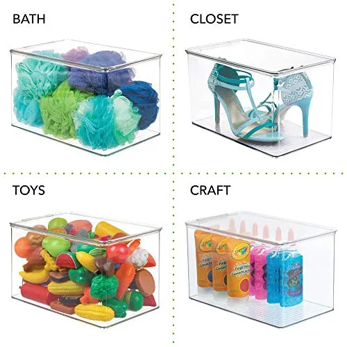 mDesign Stackable Closet Plastic Storage Box with Lid - Container for Organizing Child's/Kids Toys, Action Figures, Crayons, Markers, Building Blocks, Puzzles, Crafts - 7" High, 2 Pack - Clear