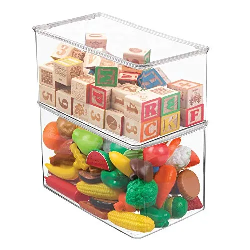 mDesign Stackable Closet Plastic Storage Box with Lid - Container for Organizing Child's/Kids Toys, Action Figures, Crayons, Markers, Building Blocks, Puzzles, Crafts - 7" High, 2 Pack - Clear