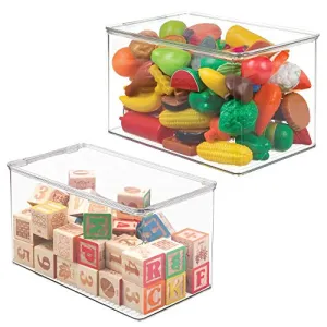 mDesign Stackable Closet Plastic Storage Box with Lid - Container for Organizing Child's/Kids Toys, Action Figures, Crayons, Markers, Building Blocks, Puzzles, Crafts - 7" High, 2 Pack - Clear