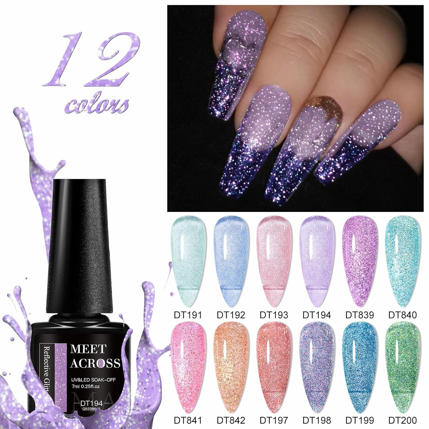 MEET ACROSS Reflective Glitter Gel Nail Polish, Shimmery Gel Polish Set 12 Pcs Sparkly Shiny Gel Soak Off UV LED Nail Art Varnish Manicure Kit DIY at Home