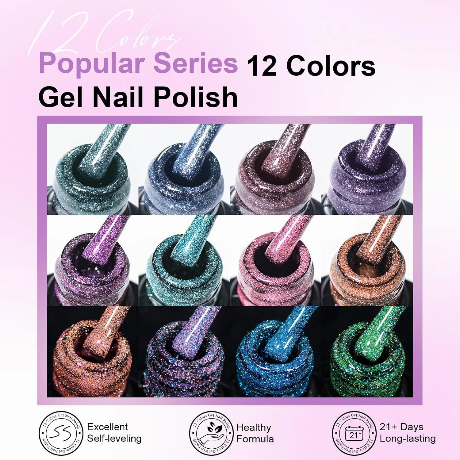 MEET ACROSS Reflective Glitter Gel Nail Polish, Shimmery Gel Polish Set 12 Pcs Sparkly Shiny Gel Soak Off UV LED Nail Art Varnish Manicure Kit DIY at Home