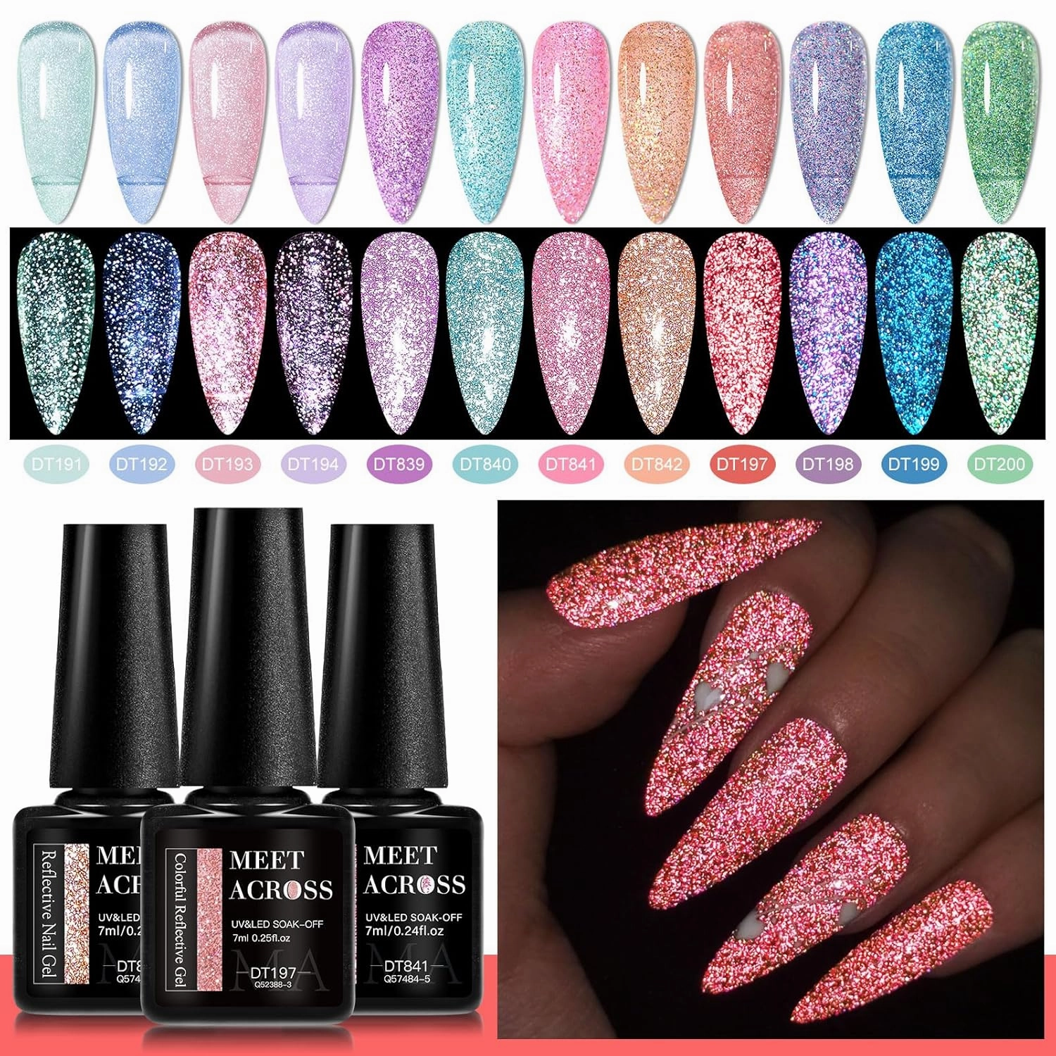 MEET ACROSS Reflective Glitter Gel Nail Polish, Shimmery Gel Polish Set 12 Pcs Sparkly Shiny Gel Soak Off UV LED Nail Art Varnish Manicure Kit DIY at Home