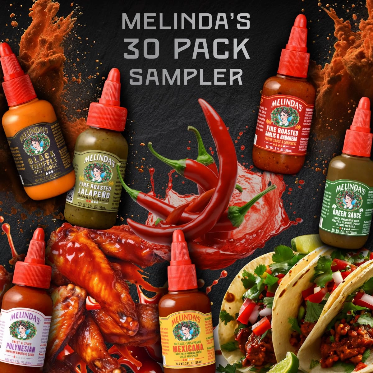 Melinda’s Mini Hot Sauce Variety Pack - Surprise 30 Pack (2 Oz Each) - Gourmet Hot Sauce Gift Set with Travel Friendly Mini Bottles in 15 Possible Flavors