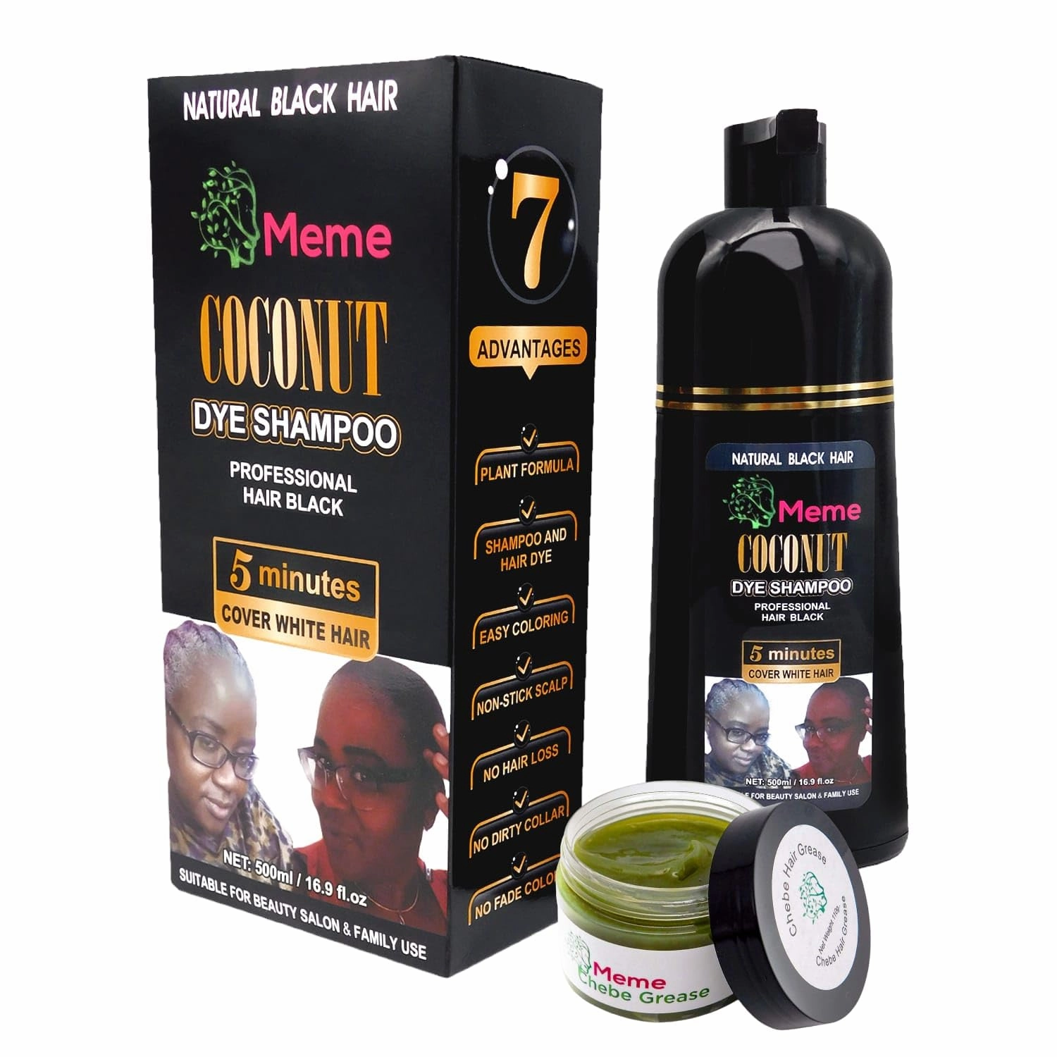 MEME Coconut Oil Shampoo & Hair Grease Set: Achieve luscious curls with 16.9 fl. oz. of fade-resistant shampoo and 4 fl. oz. of nourishing pomade for deep moisture and exceptional protection.