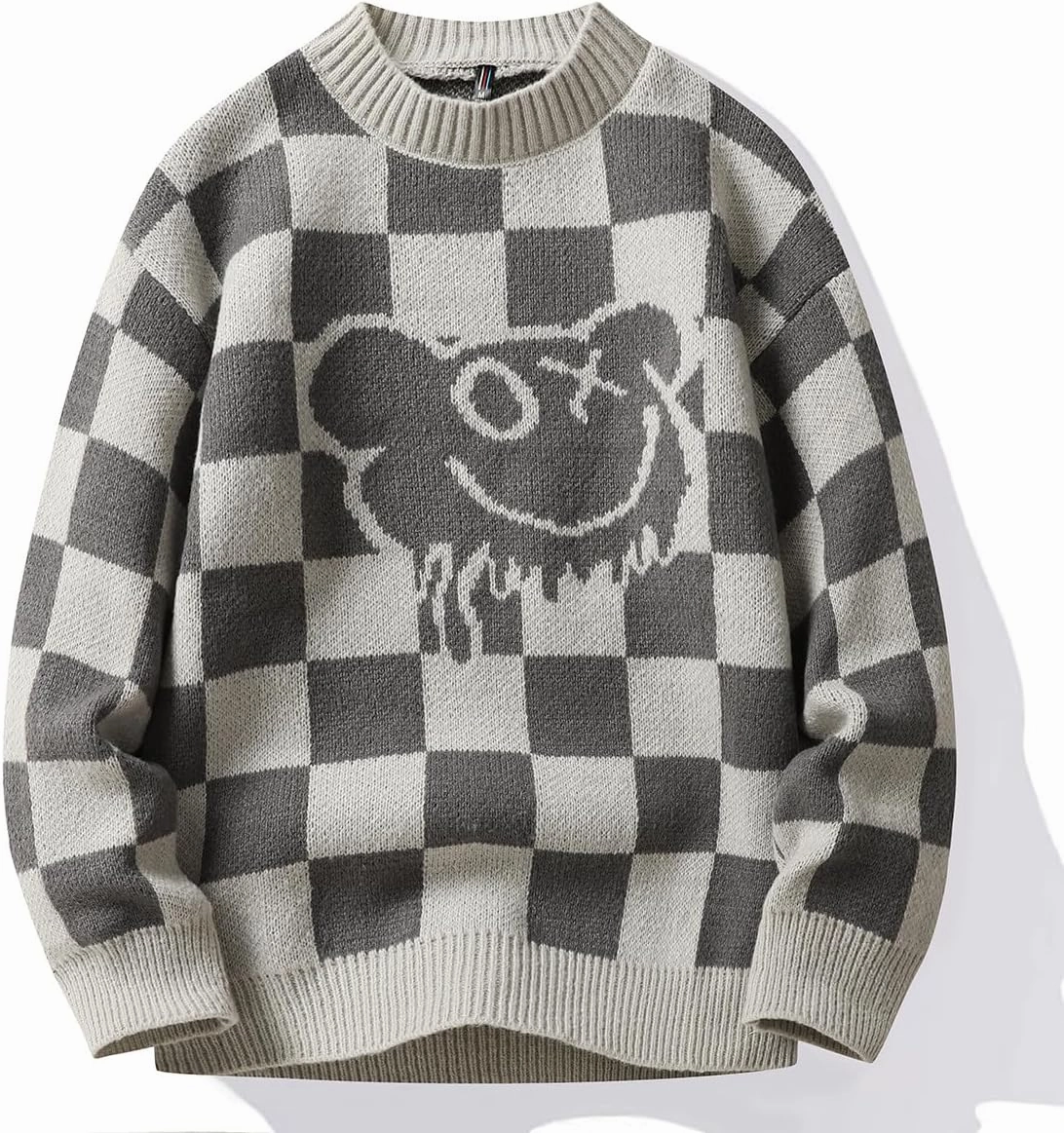 Men's Classic Fit Funny Bear Sweaters Long Sleeve Crewneck Plaid Pullover Sweaters