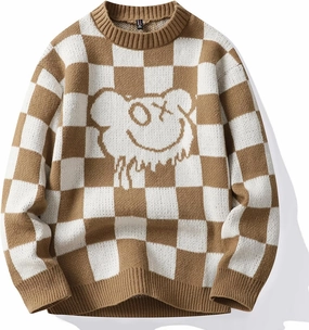 Men's Classic Fit Funny Bear Sweaters Long Sleeve Crewneck Plaid Pullover Sweaters