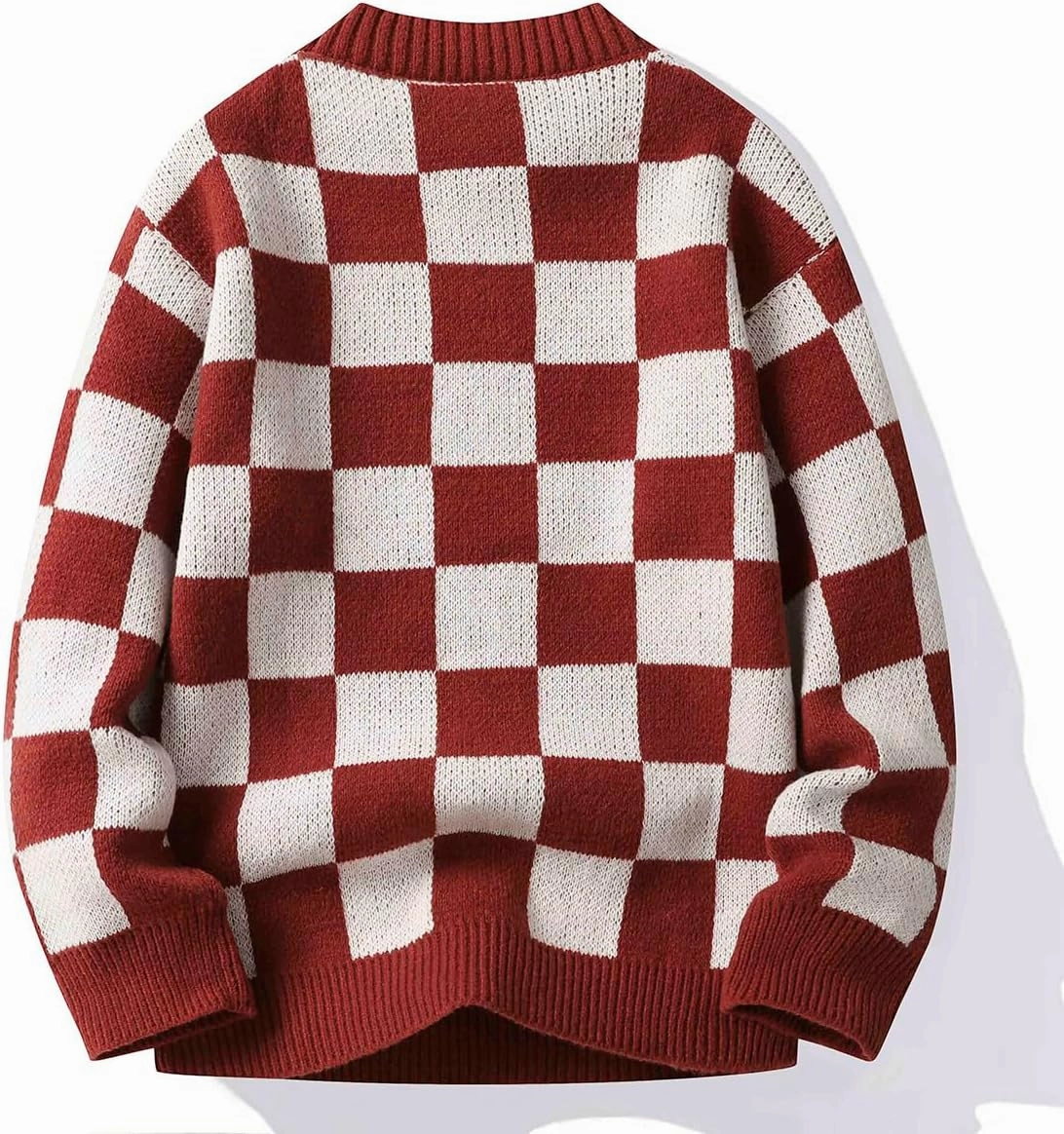 Men's Classic Fit Funny Bear Sweaters Long Sleeve Crewneck Plaid Pullover Sweaters