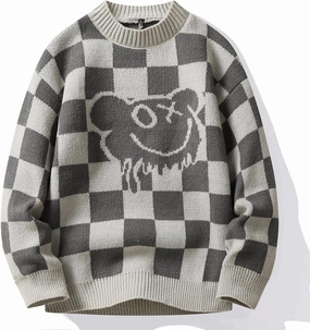 Men's Classic Fit Funny Bear Sweaters Long Sleeve Crewneck Plaid Pullover Sweaters