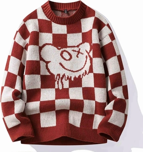 Men's Classic Fit Funny Bear Sweaters Long Sleeve Crewneck Plaid Pullover Sweaters