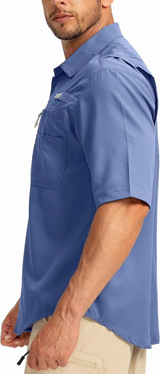 Men's Fishing Shirts with Zipper Pockets UPF 50  Lightweight Cool Short Sleeve Button Down Shirts for Men Casual Hiking