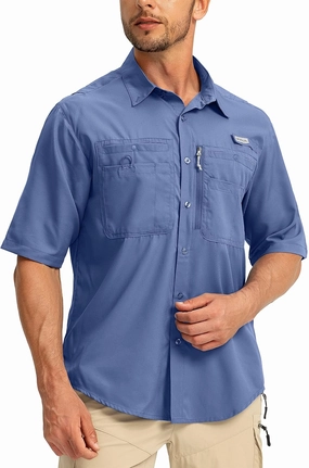 Men's Fishing Shirts with Zipper Pockets UPF 50  Lightweight Cool Short Sleeve Button Down Shirts for Men Casual Hiking