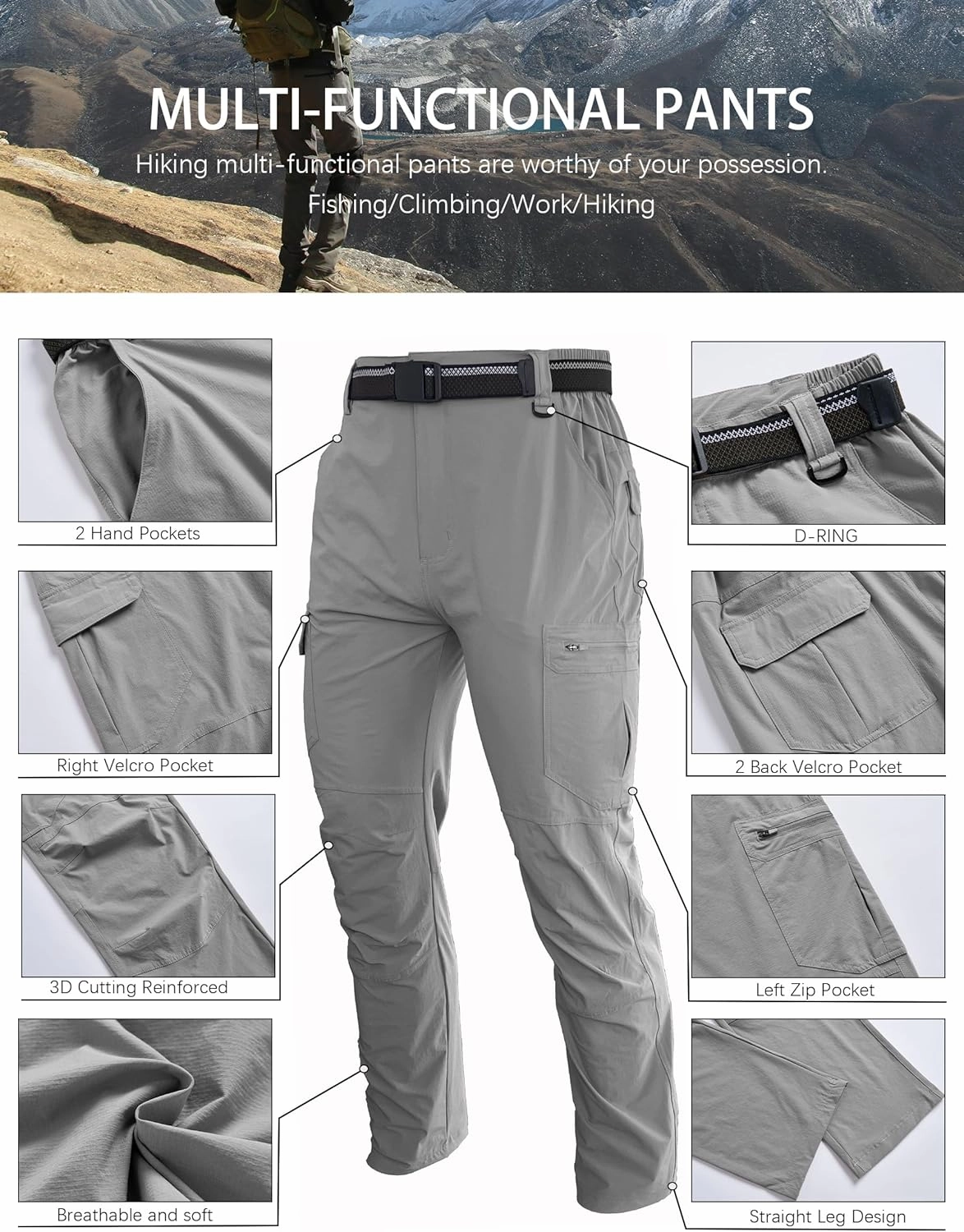 Men's Hiking Cargo Work Pants Lightweight Waterproof Quick Dry Camping Fishing Travel Outdoor Pants