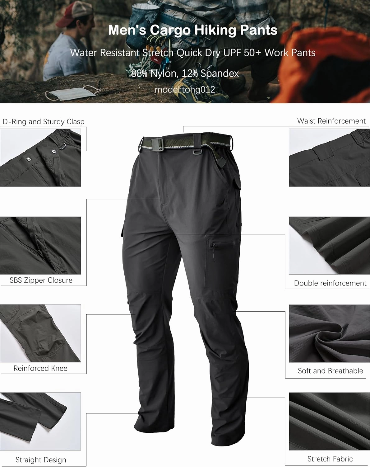 Men's Hiking Tactical Cargo Work Pants Quick Dry Waterproof Lightweight Travel Fishing Camping Outdoor Pants