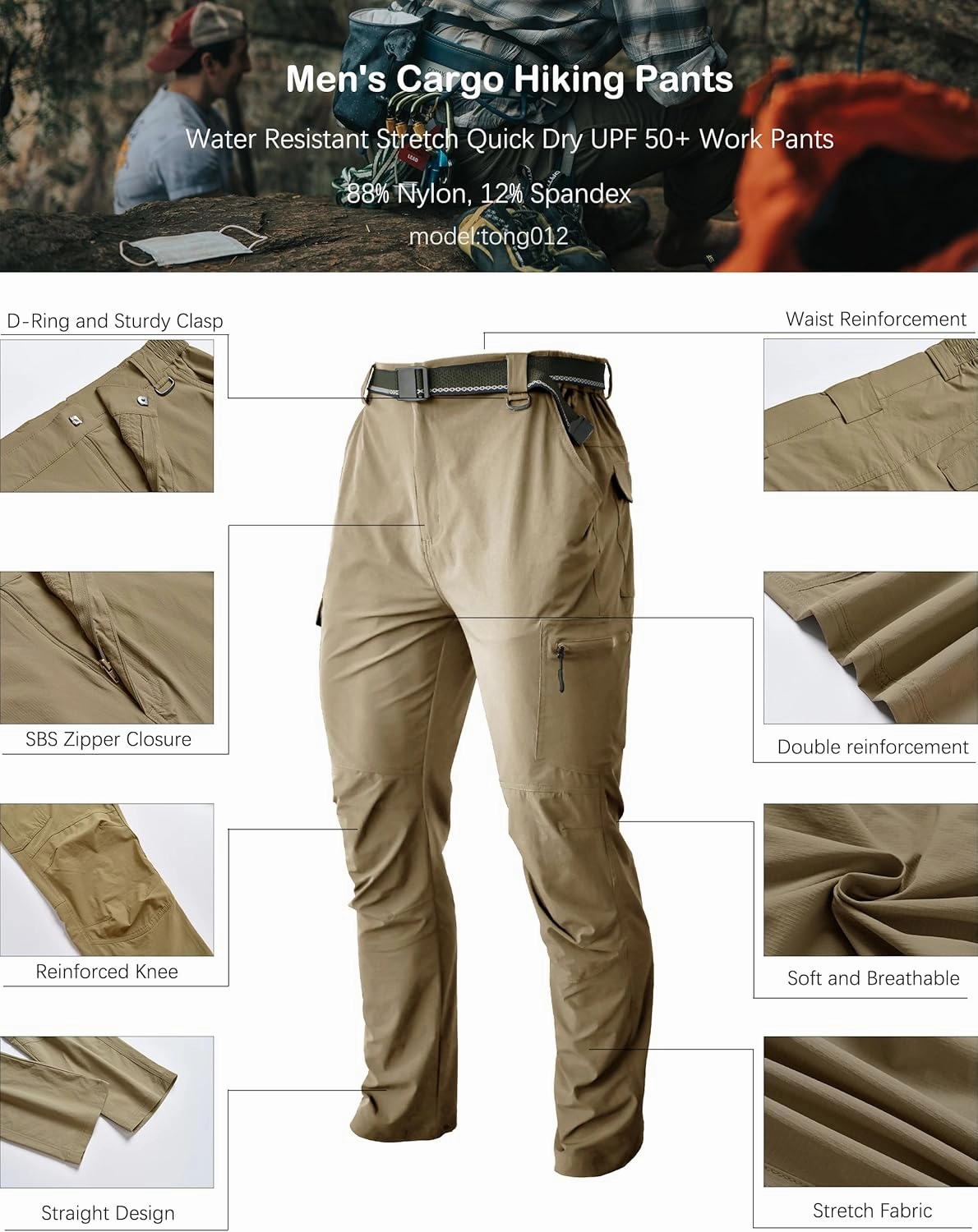 Men's Hiking Tactical Cargo Work Pants Quick Dry Waterproof Lightweight Travel Fishing Camping Outdoor Pants