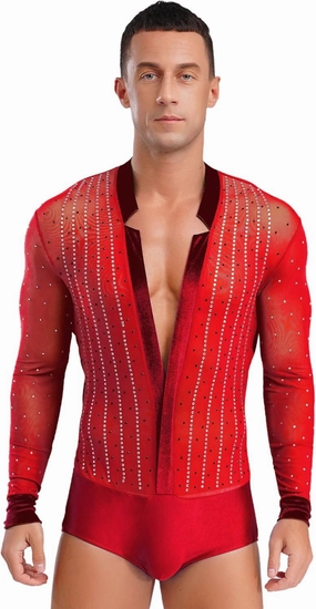 Men's Latin Dance Costume V Neck Shiny Bodysuit Cha Cha Rumba Samba Dancing Leotard Shirt